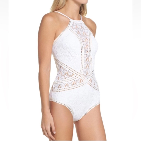 🤍 BECCA Prarie Rose WHITE High Neck Halter CROCHET LACE One Piece SWIMSUIT | S - Picture 6 of 15